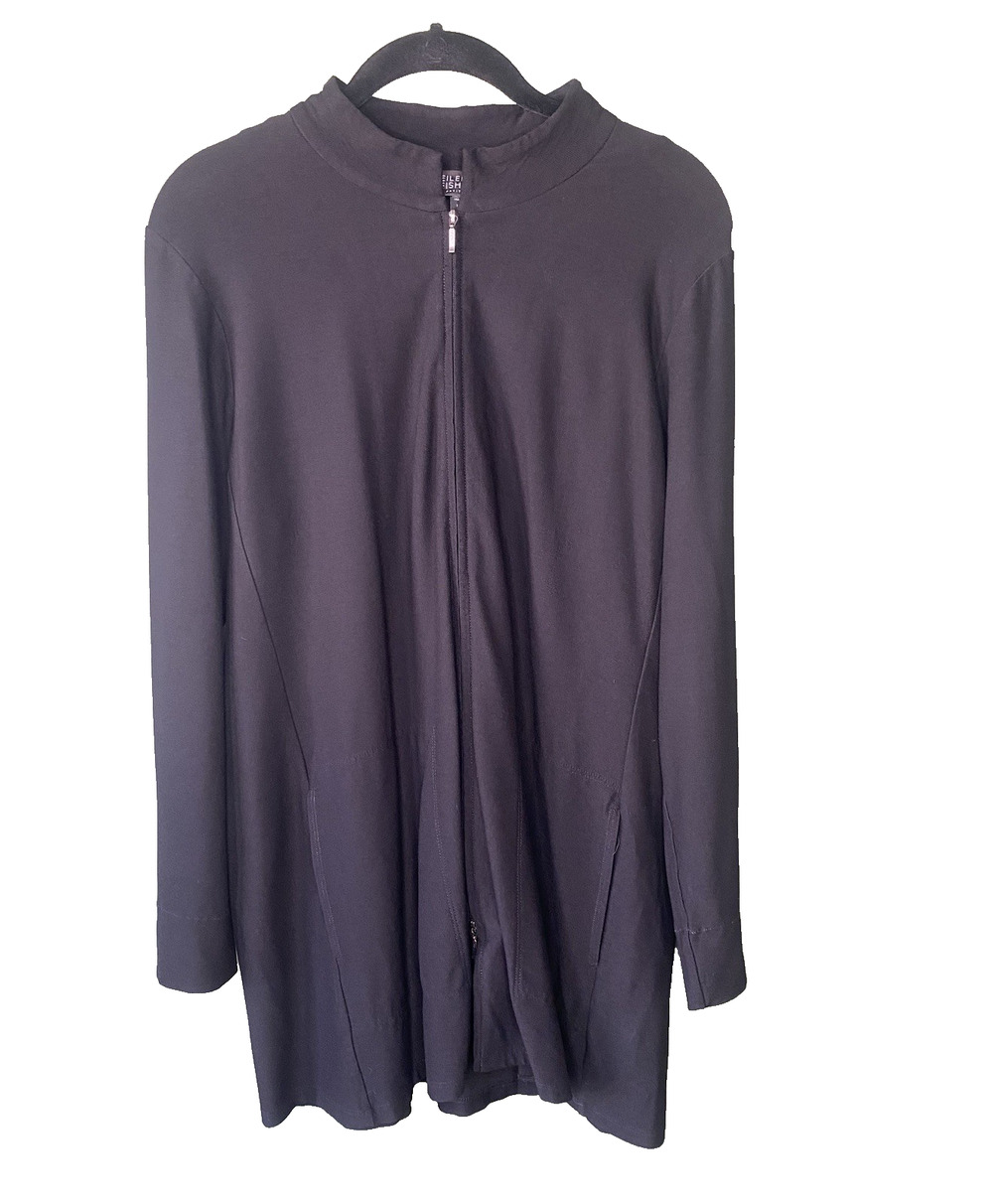Eileen Fisher Womens Large Petite Long Zip Up Casual Knit Black Tunic Jacket